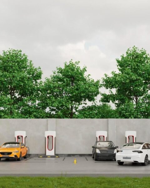 Saudi EV infrastructure 2025: A parking area with electric vehicle chargers, featuring a variety of cars, set against green trees and an autumn backdrop.