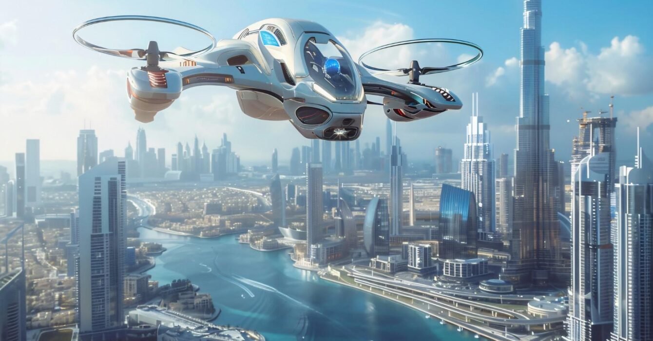 Flying taxi Saudi Arabia: A futuristic drone-like vehicle soars over a modern cityscape, featuring skyscrapers and a winding river under a clear blue sky.