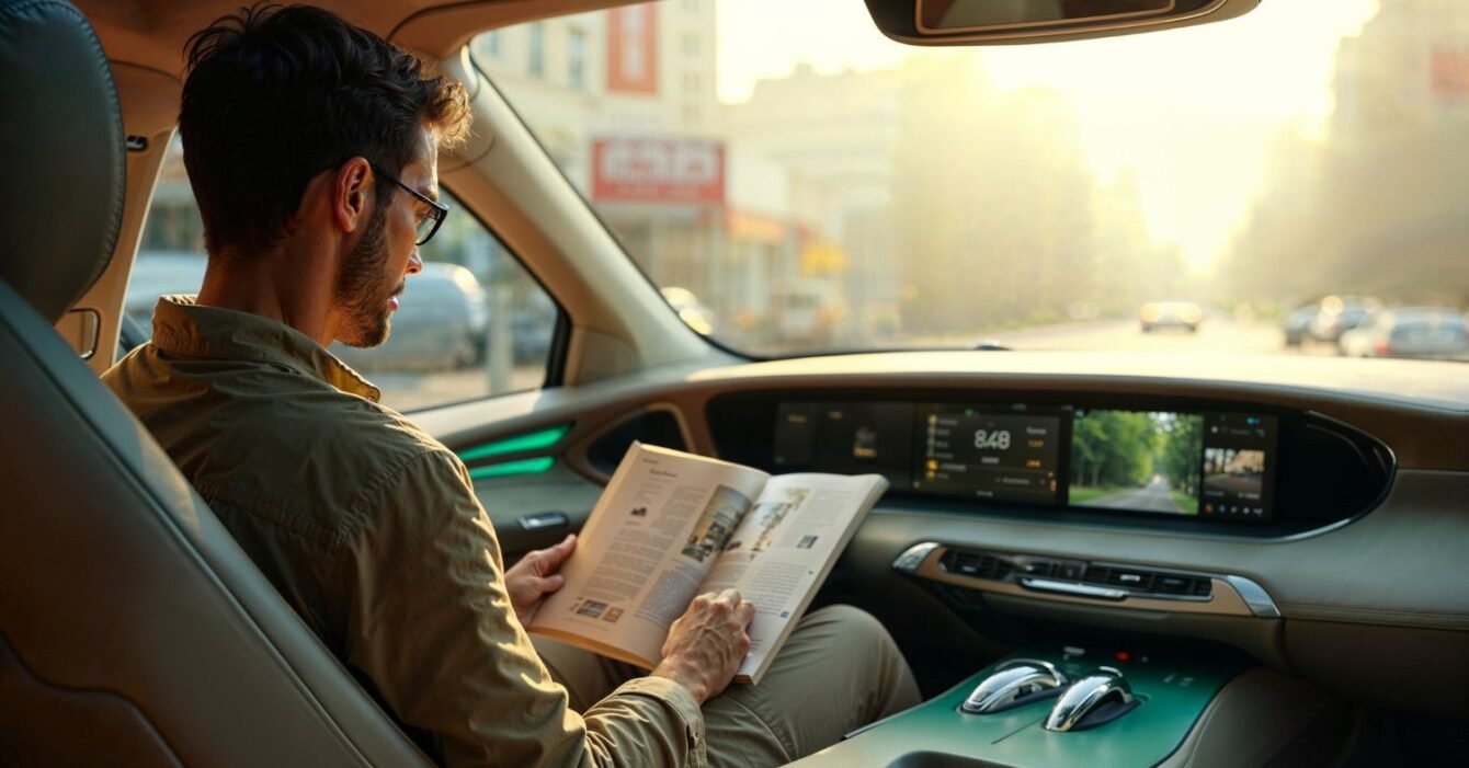 Autonomous taxi Riyadh: A person seated in a luxurious car interior reads a magazine, sunlight streaming through the windows, highlighting digital displays.
