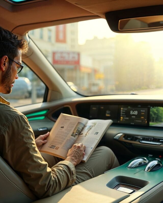 2151871003 Autonomous taxi Riyadh: A person seated in a luxurious car interior reads a magazine, sunlight streaming through the windows, highlighting digital displays.